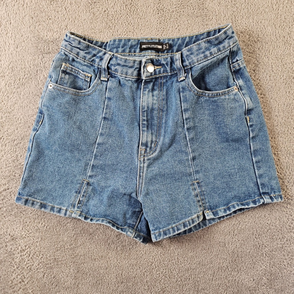 PrettyLittleThing Womens High Waisted‎ Denim Shorts Blue Seam Detail Size 4